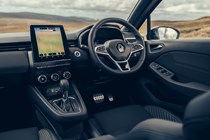Renault Clio (2023) review: dashboard, infotainment system and steering wheel, black and grey upholstery