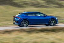 Kia EV6 GT review - facelift, rear side, blue, driving