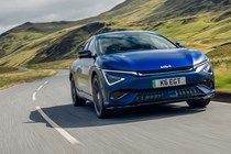 Kia EV6 GT review - facelift, front, blue, cornering