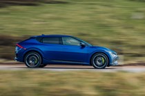 Kia EV6 GT review - facelift, side, blue, driving