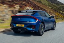 Kia EV6 GT review - facelift, rear, blue, driving