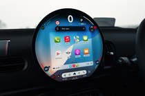 Close-up image of the MINI JCW's infotainment system home screen