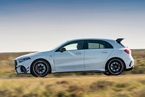 Mercedes-AMG A45 S review - facelift, side, white, driving