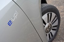 2020 silver Volkswagen e-Up door badge detail