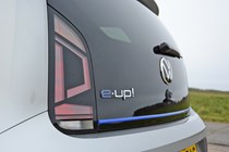 2020 silver Volkswagen e-Up tailgate badge detail