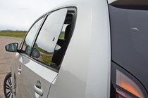 2020 silver Volkswagen e-Up pop-out rear window detail