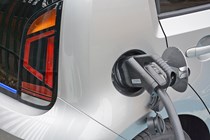 2020 silver Volkswagen e-Up charging port in use