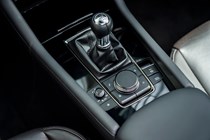 Mazda 3 Saloon review, gearlever, centre console and rotary controller for infotainment system