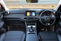 MG HS review, facelift, front interior showing dashboard, steering wheel, driving position
