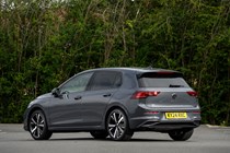 Volkswagen Golf (2024) review: rear three quarter static, grey paint