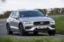 Volvo V60 Cross Country (2023) review: front three quarter cornering, silver paint, rural background