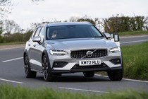 Volvo V60 Cross Country (2023) review: front cornering, silver paint, rural background
