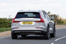 Volvo V60 Cross Country (2023) review: rear cornering, silver paint, rural background