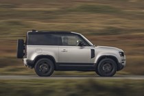 Silver 2021 Land Rover Defender 90 driving side elevation