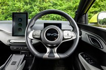 BYD Dolphin Surf (2025) review: steering wheel, grey faux leather upholstery