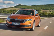 Skoda Octavia Estate review, Mk4 facelift, orange, front, driving on motorway