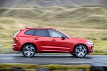 Volvo XC60 T8 Recharge, red, side view, driving