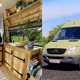 Side-by-side image showing a Mercedes Sprinter campervan conversion and its rustic interior