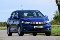 Dacia Sandero review: front three quarter cornering, blue paint