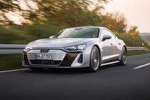 Audi E-Tron GT review - front, silver, S, driving