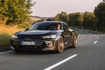 Audi E-Tron GT review - front, RS Performance, driving round corner