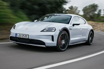 Porsche Taycan Cross Turismo review: front three quarter driving, grey paint