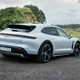 Porsche Taycan Cross Turismo review: rear three quarter static, grey paint