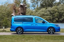VW Caddy California campervan review - right side view, driving, blue