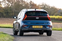 Hyundai Bayon (2025) review: rear three quarter cornering, blue paint