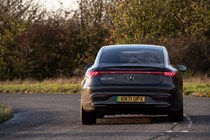 Mercedes EQS review - dead-on rear view, driving