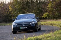 Mercedes EQS review - dead-on front view, driving