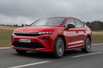 Skoda Enyaq Coupe review - 2025 facelift, green, front, driving