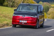 Volkswagen Multivan review, front view, driving, red and black, L2, Style eHybrid