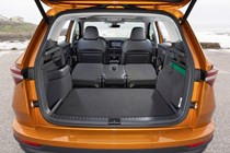 Skoda Karoq review, facelift, orange, boot space with rear seats folded