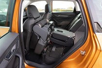 Skoda Karoq review, facelift, orange, Varioflex rear seats, tumbled forward