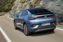 Volkswagen ID.5 electric SUV coupe review, rear view, driving