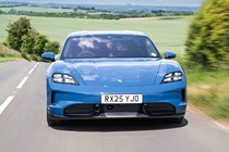Porsche Taycan Sport Turismo (2025) review: front driving, blue paint