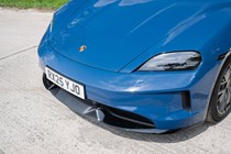 Porsche Taycan Sport Turismo (2025) review: bonnet and headlights detail, blue paint
