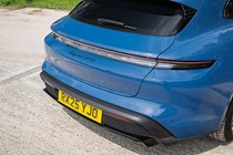 Porsche Taycan Sport Turismo (2025) review: tail lights and tailgate detail, blue paint