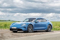 Porsche Taycan Sport Turismo (2025) review: front three quarter static, blue paint