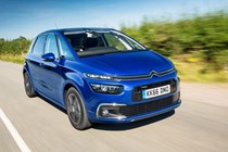 Image of a blue Citroen C4 Picasso, viewed from the front right corner while driving