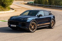 Porsche Cayenne Coupe review - 2023 facelift - Turbo E-Hybrid with GT Package, front, blue and gold