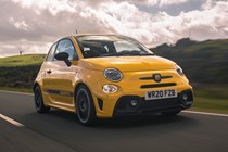 Abarth 595 (2022) review: front three quarter driving shot, yellow car