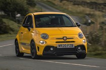 Abarth 595 (2022) review: front cornering shot, yellow car