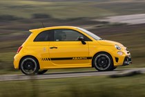 Abarth 595 (2022) review: side driving shot, yellow car