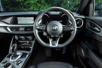 Alfa Romeo Stelvio review - 2023 facelift, front interior, steering wheel, infotainment