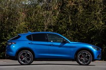 Alfa Romeo Stelvio review - 2023 facelift, side view, blue