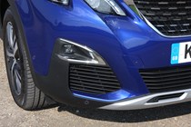 Peugeot 3008 SUV (2016-) UK GT-Line model in blue - exterior detail - R/h side bumper trim and foglights