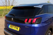 Peugeot 3008 SUV (2016-) UK GT-Line model in blue - exterior detail - Rear tailgate glass and light cluster