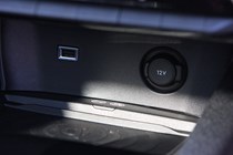 Peugeot 3008 SUV (2016-) UK rhd GT-Line. Interior detail - USB and 12v DC connectors